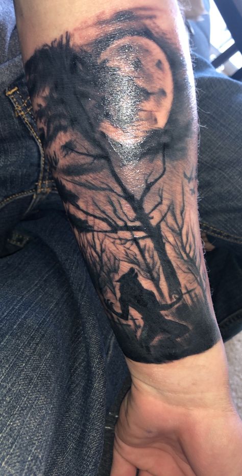 Warewolf Tattoo, Wolfman Tattoos, Werewolf Tattoos, Werewolf Tattoo, Forest Tattoos, Werewolf Art, Calf Tattoo, Leg Sleeve, Wolf Tattoo