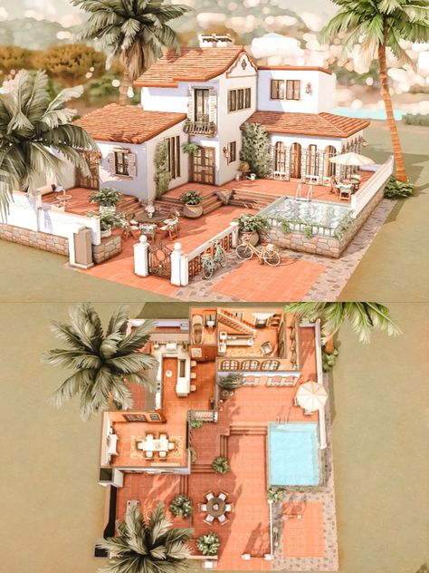 The Sims 4 Tartosa Spanish Villa for a family. No CC Lot. This is a 2 Bedrooms Beauty Tartosa World Villa perfect for a family of three. Surrounded by beautiful landscaping and a patios with an amazing pool. Lot size: 20/20 No Custom Content was used (NoCC). https://www.thesimsresource.com/downloads/1595159 www.thesimsresource.com - @thesimsresource @Moniamay72 #TS4 #ts4lots #tsr #TheSims #sims4 #thesims4 #Moniamay72 #thesims4lots #traditional #nocc #sims4build #TheSimsResource #tartosa Sims 4 Tartosa, Houses Layout, Sims 4 Houses Layout, Lotes The Sims 4, Spain House, The Sims 4 Lots, Beautiful Landscaping, Spanish Villa, Sims 4 House Plans