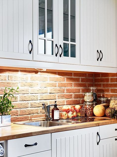 creamy white cabinets with red brick back splash | raw brick ... Brick Kitchen Ideas, Exposed Brick Kitchen, Brick Wall Kitchen, Beadboard Kitchen, Classy Kitchen, Kabinet Dapur, Brick Kitchen, Herringbone Backsplash, Brick Backsplash