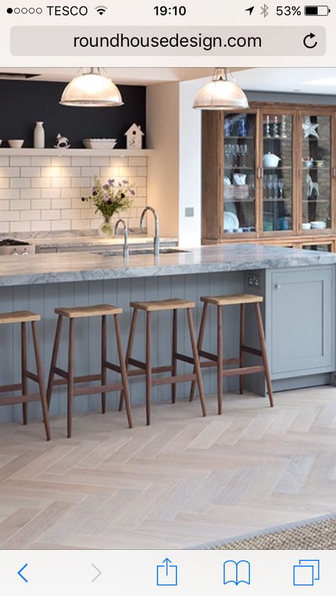 Finally I've found the perfect contemporary shaker kitchen. Adore the metro tiles and herringbone floor combined with the soft grey cabinetry. Rectangle Kitchen Tile Floor, Herringbone Dining Room, Modern Kitchen Herringbone Floor, Large Herringbone Tile Floor Kitchen, Family Room With Tile Floor, Herringbone Kitchen Floor Tile, Kitchen Flooring Herringbone, Kitchen Floor Herringbone, Herringbone Floors Kitchen