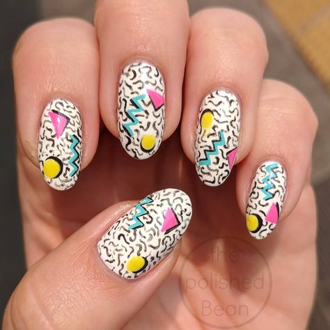 Newly obsessed with the Memphis Group 〰️🔺〰️⚪〰️ 80s Nail Designs, 80s Nails, Summer Nails Colors Designs, Classy Nail Art Ideas, Remove Acrylic Nails, Infinity Nails, October Nails, Inspired Nails, Nails For Kids