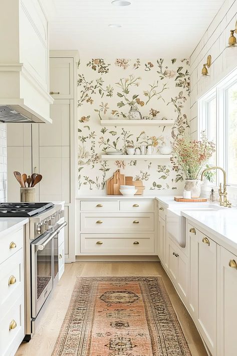 Using Floral Patterns in Your Cottagecore Kitchen - Kitchen Informant Wallpaper Kitchen Ideas, Cottagegore Aesthetic, Floral Wallpaper Kitchen, Wallpaper Backsplash Kitchen, Girly Kitchen, Old Farmhouse Kitchen, Romantic Kitchen, Cottagecore Kitchen, Interior Design Fabric