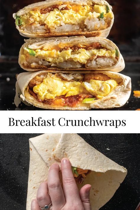 This Breakfast Crunchwrap is a delicious way to start the day. Loaded with cheese, eggs, bacon and tater rounds, how could it get more delicious? These are a great meal or snack on hand. #BreakfastIdeas #BreakfastRecipe #EasyRecipe #SnackIdea #BrunchRecipe Big Breakfast Recipes, Blackstone Breakfast Tacos, Breakfast Handpies, Simple Savory Breakfast Ideas, Copycat Breakfast Recipes, Breakfast Crunchwrap Recipe, Breakfast Ideas Bacon, Breakfast Crunch Wrap, Breakfast Empanadas