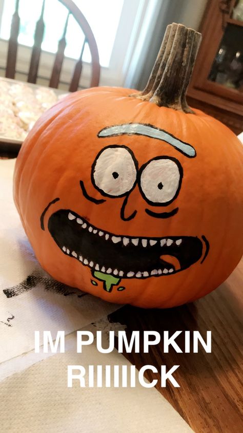 Pumpkin Painting! Rick and Morty. pickle rick...I’m pumpkin rick! Painting Pumpkins Easy Ideas, Pumpkin Painting Ideas Rick And Morty, Weird Pumpkin Painting Ideas, Rick And Morty Pumpkin Painting, Morty Pumpkin Painting, Hippie Pumpkin Painting, Spooky Pumpkin Painting Ideas Scream, Minecraft Pumpkin Painting, It Pumpkin Painting