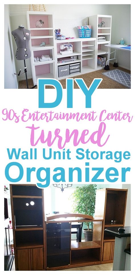 DIY 90s {Ugly} Oak Entertainment Center Turned {Pretty!} Craft Storage Organizer Wall Unit Makeover Do it Yourself Project Tutorial Furniture Makeover Craft Room Wall Storage, Oak Entertainment Center, Entertainment Center Makeover, Entertainment Center Redo, Wall Storage Unit, Craft Storage Organization, Bedroom Furniture Makeover, Pretty Crafts, Entertainment Center Repurpose