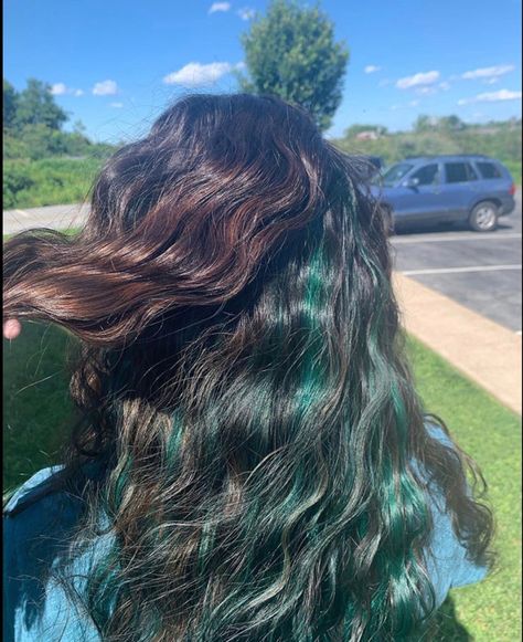 Turquoise Peak A Boo Hair, Turquoise Hair Peekaboo, Brown And Aqua Hair, Teal Highlights In Black Hair, Teal Highlights In Brown Hair, Teal Hair Streaks, Peak A Boo Hair, Teal Hair Highlights, Aqua Highlights