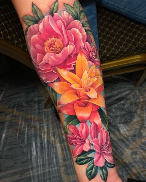 Adriana Hallow - Flowers Composition - Tattoo Arm #TATTOO #TATTOOIDEAS #TATTOONYC #INKOLOGY #TATTOODESIGN #TATTOODESIGNS #TATTOOSNYC #TATTOOSTUDIO #TATTOOPARLOR #ARTGALLERY #ART #TATTOOART Vibrant Flower Tattoo, Bright Floral Tattoo, Color Arm Tattoos For Women, Flower Tattoos With Color, Color Flower Tattoos For Women, Tropical Sleeve Tattoo For Women, Tropical Flowers Tattoo, Flower Tattoos Color, Bougainvillea Tattoo