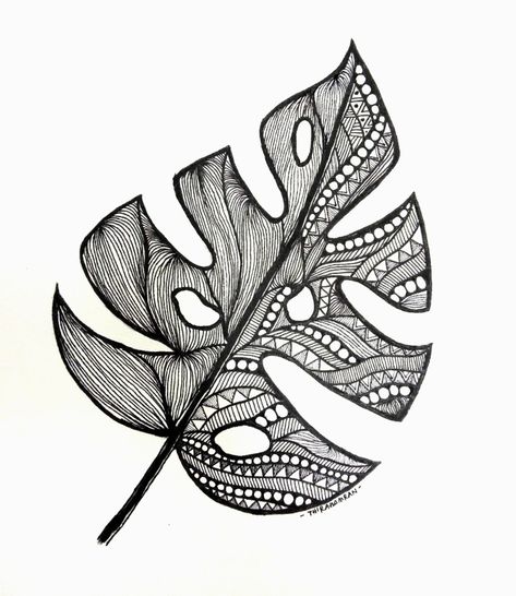 Leaf Zentangle Art, Deformasi Flora, Plant Zentangle, Stilasi Flora, Monstera Leaf Drawing, Leaf Zentangle, Leaf Drawings, Modele Zentangle, Motifs Design