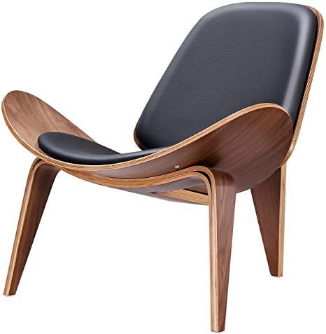 Hans Wegner Style Three- Legged Shell Chair Ash Plywood Black Faux Leather Accent Chair Living Room Furniture Mid-Century Modern Shell Chair (Walnut Color-Black Leather) Hans Wegner Shell Chair, Walnut Wood Chair, Rosewood Furniture, Mid Century Lounge, Mid Century Lounge Chairs, Leather Accent Chair, Single Sofa Chair, Black Walnut Wood, Red Chair