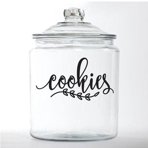 This cookie jar is amazing! How fun is this? It's just too cute and I love the font used! Cookie Jar Ideas Decoration, Pantry Addition, Dessert Auction, Vinyl Pantry Labels, Kitchen Vinyl Decals, Cookie Jar Gifts, Pantry Food Storage, Wood Cookie, Cricut Iron On Vinyl