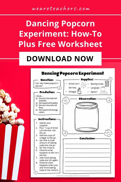 Ready to get your classroom buzzing with excitement? Dive into our Dancing Popcorn Experiment and learn the science behind the fun! This engaging activity comes with a handy worksheet to track your observations. Perfect for hands-on learning – Download Now! Popcorn Worksheets, Dancing Popcorn Experiment, Dancing Popcorn, Popcorn Science, Popcorn Edition, Steam Lessons, Stem Experiments, Teaching Themes, We Are Teachers