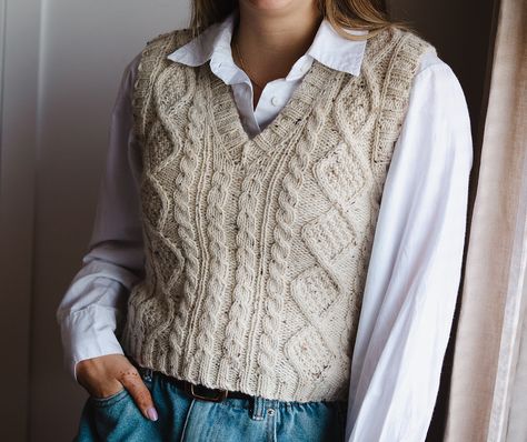 knitting pattern for cable knit vest slipover Slipover Knitting Pattern, Free Aran Knitting Patterns, Crochet Vest Pattern Free, Knit Vest Pattern Free, Fancy Sweater, Front Pieces, Vest Pattern Free, Aran Knitting Patterns, Cable Knit Vest