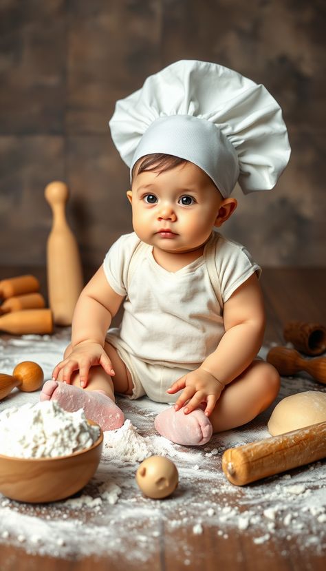 Transform your baby into a tiny master chef with these irresistible photo ideas! 👶🍳 Dress them up in a mini chef's hat and surround them with baking essentials for the cutest kitchen photoshoot. Perfect for milestone photos, first birthday invitations, or just because! #BabyChef #BabyPhotography #CutenessOverload Baby Christmas Baking Photo, Kitchen Photo Shoot Ideas, Baby Cookie Photoshoot, Baby Chef Photoshoot, Baby Baking Photoshoot, Baby Chef Photo, Bakery Photoshoot, Cutest Kitchen, Chef Photoshoot