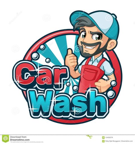 Car Wash Cartoon Logo With Man Using Car Wash Apron Stock Vector - Illustration of pose, company: 124032278 Car Wash Posters, Car Wash Logo, Car Wash Business, Car Logo Design, Car Wash Services, Logo Character, Logo Cartoon, Leaflet Design, Fiat Panda