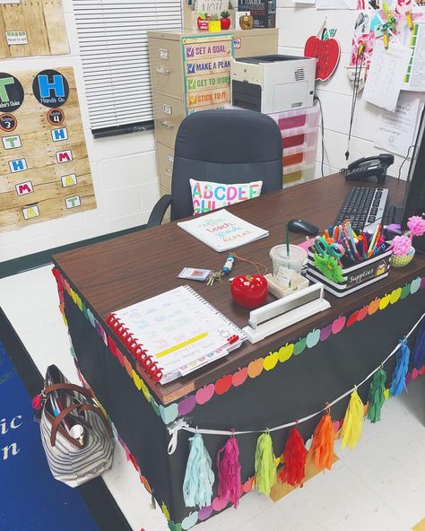 Teacher Desk Small Space, Art Teacher Desk, Teacher Desk Ideas, Teacher Desks, Teacher Desk Areas, Classroom Setup Elementary, Teacher Desk Organization, Seventh Grade Math, Teachers Desk