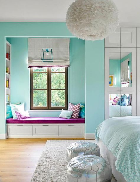 Turquoise blue girl's bedroom features a white feather chandelier, Eos White Pendant, illuminating a white bed dressed in pale blue bedding. #bedroomsforgirls Aqua Girls Bedroom, Turquoise Bedroom Ideas, Girls Blue Bedroom, Turquoise Bedroom, Girls Room Colors, Turquoise Room, Mirror Doors, Feather Chandelier, Bedroom Turquoise