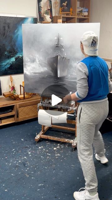 Fast Painting Ideas, Ship Painting Acrylic, Boat Art Painting, Boat Painting Abstract, Unique Painting Ideas, Boat Painting Acrylic, Fog Painting, Abstract Canvas Art Acrylics, Acrylic Art Projects