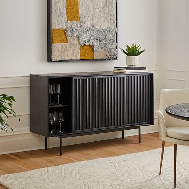 Slatted 60" Buffet, Black | West Elm Modern Buffet Table, Modern Buffet, Bar Cabinet, Buffet Table, Key Details, West Elm, Storage Cabinets, Furniture Sale, Adjustable Shelving