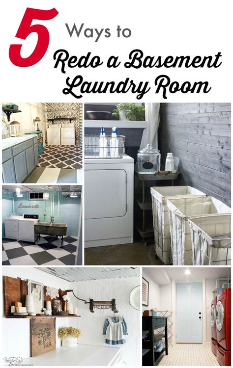 DIY Home Ideas | Living with a basement laundry room? Me too! Why not spruce it up and turn it into a functional and pretty space? Get inspired with these Five Ways to Redo a Basement Laundry Room! Unfinished Basement Laundry Room Diy, Basement Laundry Room Ideas Small Space, Cheap Basement Laundry Room Makeover Diy, How To Make A Basement Laundry Room Look Nice, Laundry Room Organization Unfinished Basement, Low Ceiling Laundry Room Ideas, Low Budget Laundry Room Makeover, Laundry Basement Ideas Unfinished, Finished Basement Laundry Room Ideas