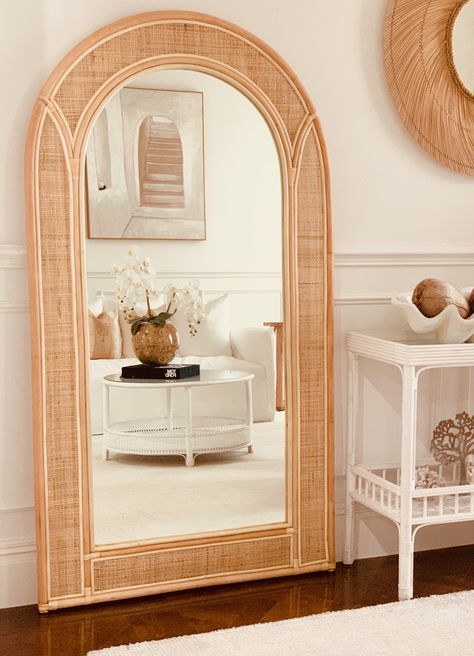 Arched Rattan Mirror, Rattan Floor Mirror, Rattan Mirror Diy, Rattan Bedroom Ideas, Cane Aesthetic, Ss Ig, Mirror Panelling, Wooden Mirrors, Rattan Bedroom