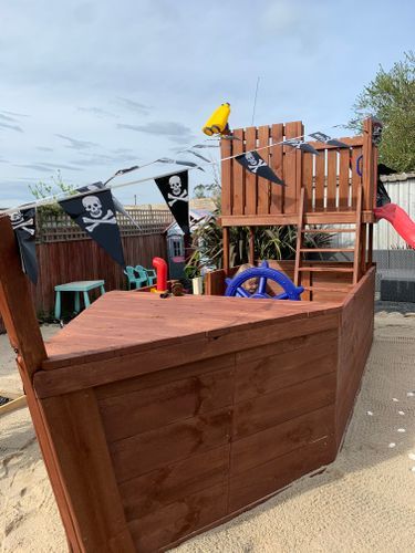 Pirate Ship Sandbox Diy, Pirate Ship Playground, Outdoor Pirate Ship, Pirate Ship Playhouse Plans, Pirate Ship Playhouse, Diy Sandbox, Kids Yard, Boat Wheel, Pond House