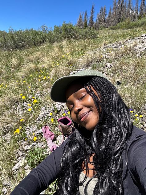 Solo Hiking, Hiking Aesthetic Black Women, Black Granola Girl, 2024 Vision Board Hiking, Hiking With Friends Aesthetic, Hiking In The Mountains Aesthetic, Hiking Pics, Outdoorsy Girl, Beginner Hiking