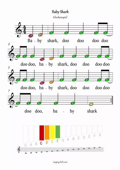 Baby Shark free xylophone glockenspiel sheet music letters color notes chart pdf : Singing Bell Piano Music For Kids, Boomwhacker Music, Campfire Song, Piano Songs Chords, Piano Songs Sheet Music, Sheet Music With Letters, Piano Songs For Beginners, Piano Notes Songs, Music Letters