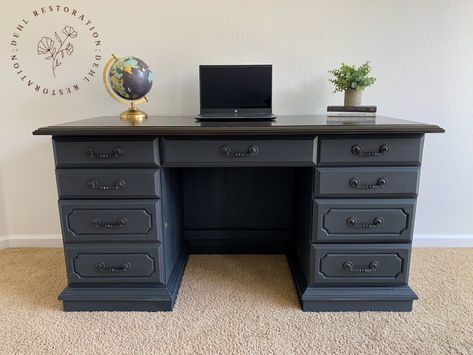 Charcoal Chalk Paint Furniture, Vintage Executive Desk Makeover, Black Rustic Office Desk, Navy Blue Chalk Paint Desk, Rustoleum Chalk Paint Charcoal, Desk Revamp, Pinted Vintage Slate Gray Desk, Chalk Paint Desk, Wood Desk Top