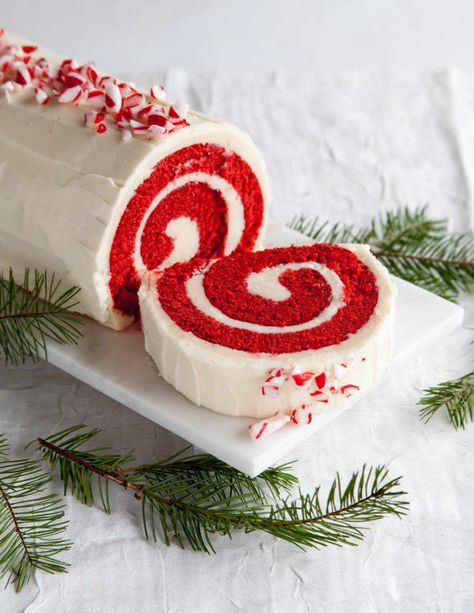 Recipe: Peppermint Red Velvet Cake Roll | Kitchn Christmas Cake Roll, Red Velvet Cake Roll, Easy Red Velvet Cake, Peppermint Buttercream, Easy Red Velvet, Favorite Christmas Desserts, Yule Log Cake, Coconut Dessert, Cake Roll Recipes