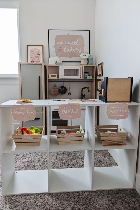 Ikea Play Kitchen Store, Play Kitchen In Kitchen, Grocery Play Area, Play Kitchen Food Organization, Working Play Kitchen, Pretend Play Playroom Ideas, Playroom Pretend Play Area, Pretend Play Area At Home, Play Kitchen Remodel