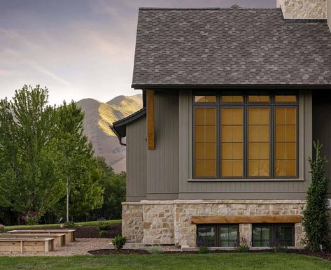 See this gorgeous English country style home with charming details in Utah Steve Tiek, English Cottage Exterior, Modern English Cottage, Green Siding, Mountain Home Exterior, Utah Home, Cabin Exterior, English Country Style, Cottage Exterior