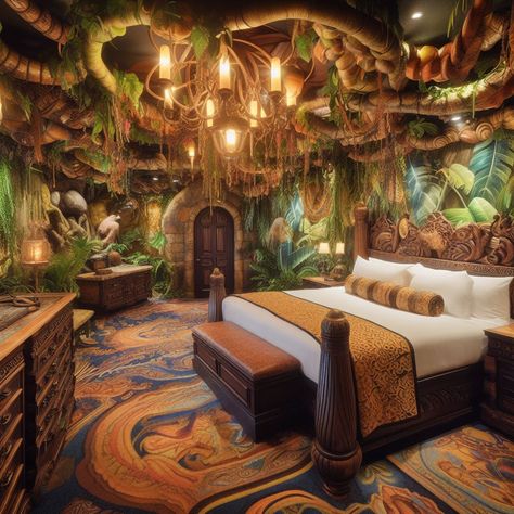 Indoor Rainforest Home, Jungle Themed Bedroom Adult, Jungle Theme Room Adult, Jungle Theme Bedroom For Adults, Elf Bedroom, Rainforest Bedroom, Rainforest Aesthetic, Forest Bedroom Ideas, Manifesting Ideas