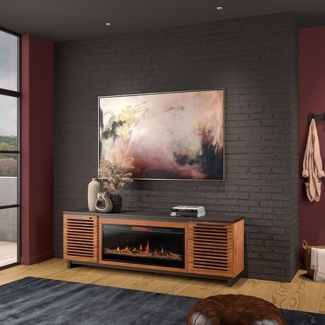 Bridgevine Home 86 in. No Assembly Required Bourbon Brown Finish Solid Wood TV Stand - 85 Inch - Bed Bath & Beyond - 37451430 Fireplace Console, Light Sofa, Tv Stand Cabinet, Electric Fireplace Tv Stand, Solid Wood Tv Stand, Tv Stand Console, Fireplace Tv Stand, Tv Stand Wood, Modern Tv Stand