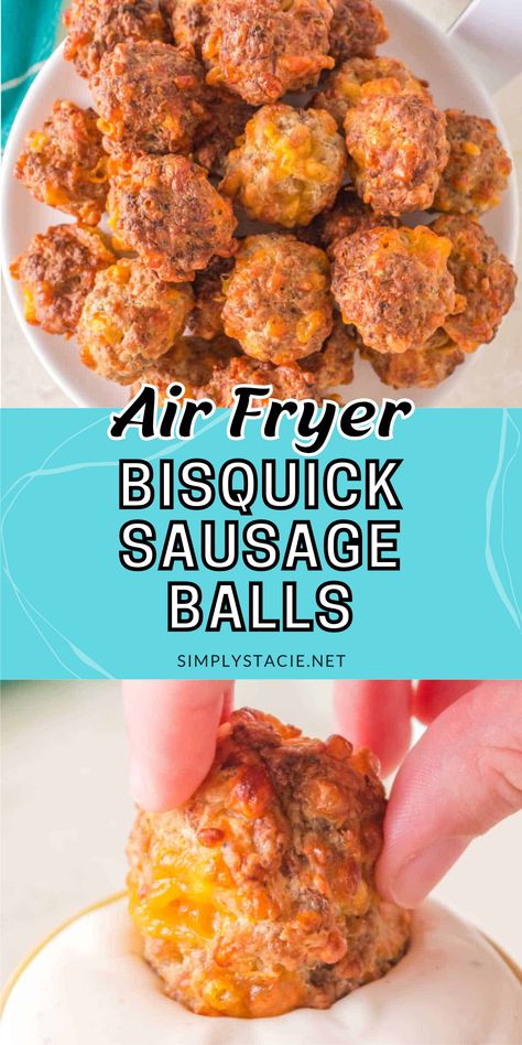 Two image collage of Air Fryer bisquick sausage balls. The first image shows the sausage balls on a plate. The second image shows a sausage ball being dipped in ranch. Air Fryer Sausage Balls Bisquick, Turkey Sausage Balls Bisquick, Easy Sausage Balls Bisquick, Bus Quick Sausage Balls, Party Shareables, Sausage Balls In Air Fryer, Sausage Balls Air Fryer, Air Fryer Sausage Balls, Sausage Biscuit Bites