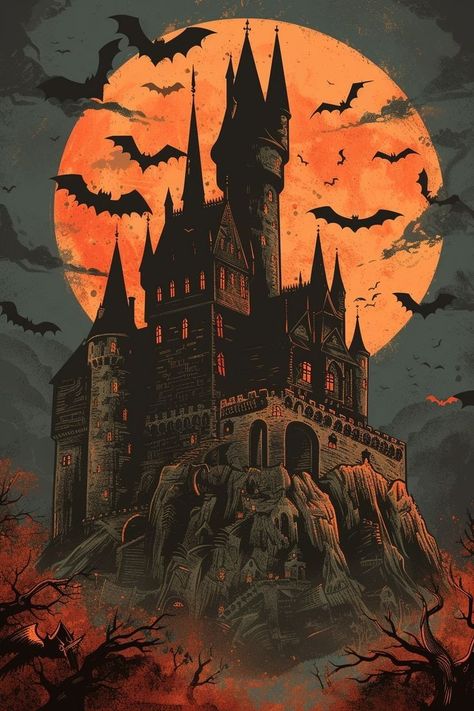 Haunted Castle Illustration, Retro Horror Wallpaper, Retro Horror Aesthetic, Dnd Ravenloft, Vampire Background, Dracula Wallpaper, Castle Vampire, Dracula Illustration, Halloween Dnd