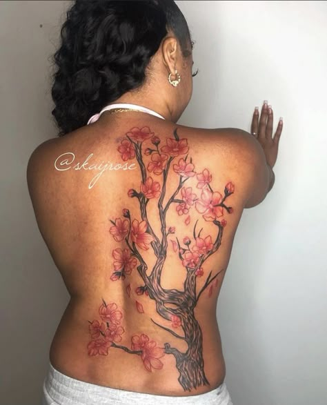 Japanese Tree Back Tattoo, Blossom Tree Tattoo On Back, Cherry Blossom Tattoo On Black Women, Cherry Blossom Tattoo Brown Skin, Bonsai Tree Back Tattoo, Spine Tattoos Cherry Blossoms, Tree Back Tattoo Black Women, Chinese Tree Tattoo, Cherry Blossom Tattoo Black Skin