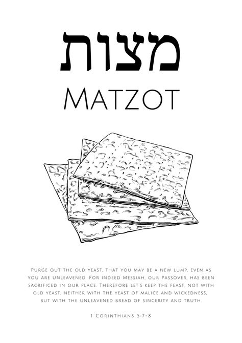 Matzot or unleavened Bread ( מצות in Hebrew alphabets) with a bible verse from ‭‭1 Corinthians‬ ‭5:7-8. Yeast is a symbol of sin & evil in the bible. In Christ, we have new life & are no longer slaves to sin (Romans 6). Part of seven prints illustrating the seven Jewish festivals or feasts outlined in the Bible. Check here for similar items - https://www.etsy.com/sg-en/shop/VeritasDesignStudio?section_id=39510379 Jewish Scripture, Hebrew Language Words, Learning Hebrew, Bible Trivia, Unleavened Bread, Printable Scripture Art, Hebrew Lessons, English To Hebrew, Jewish Festivals