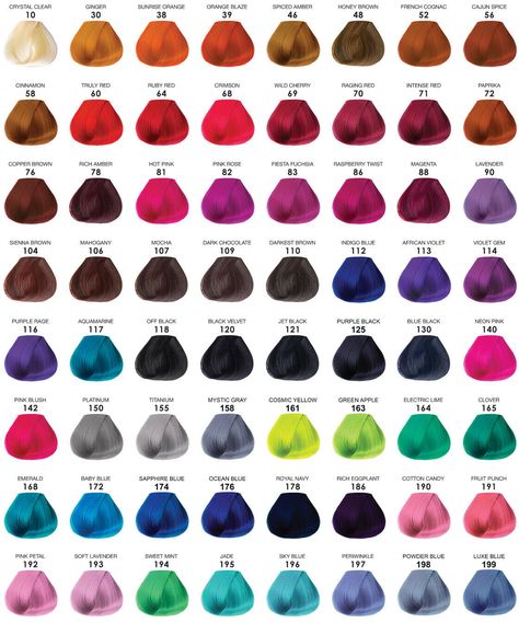 Hair Dye Color Chart, Adore Semi Permanent Hair Color, Hair Color List, Adore Hair Dye, Hair Color Names, Dyed Curly Hair, Hair Color Chart, Dyed Hair Inspiration, Semi Permanent Hair Color