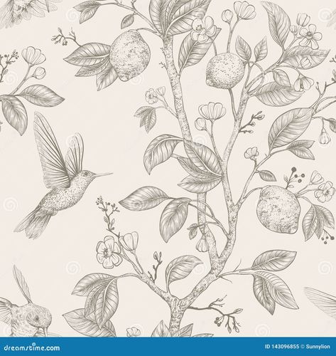 Vector sketch pattern with birds and flowers. Hummingbirds and flowers, retro style, nature backdrop. Vintage monochrome flower design for web, wrapping paper, cover, textile, fabric, wallpaper Provence Fashion, Hummingbird Sketch, Backdrop Illustration, Sketch Pattern, Leaf Fabric, Vector Sketch, Birds And Flowers, Paper Cover, Hummingbirds