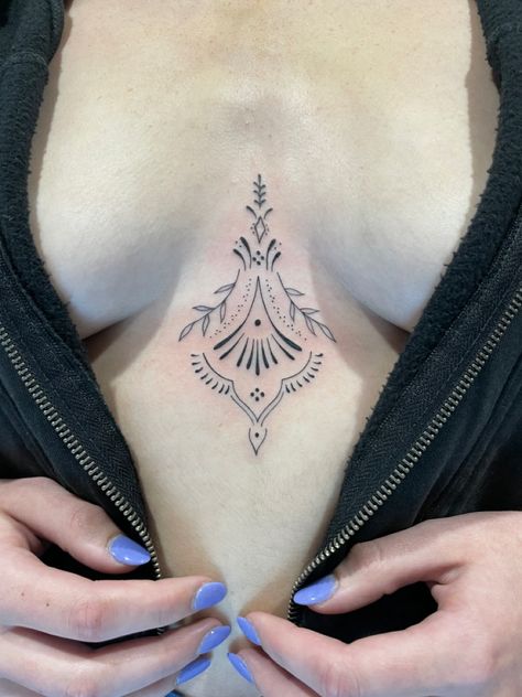 Delicate Sternum Tattoo Women, Botanical Sternum Tattoo, Ornamental Underboob Tattoo, Lower Sternum Tattoo, Ornamental Tattoo Sternum, Sternum Tattoo Women Simple, Leaf Sternum Tattoo, Minimalist Sternum Tattoo Women, Sternum Ornamental Tattoo