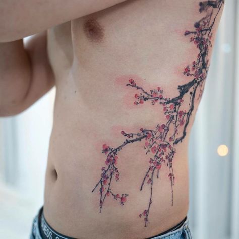 Men Tree Tattoo, Cherry Blossom Tattoo Men, Plum Blossom Tattoo, Japanese Tattoo Cherry Blossom, Cherry Blossom Tattoo Shoulder, Red Flower Tattoos, Tree Tattoo Back, Rib Tattoos For Guys, Cherry Tattoo