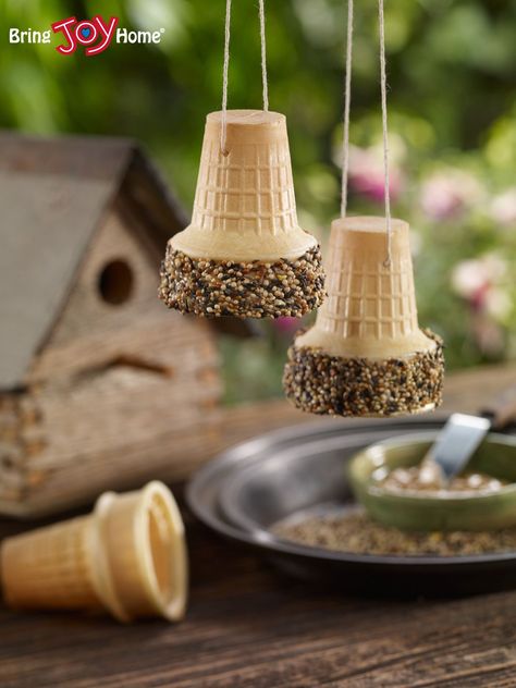 Ice cream cone bird feeders! Pinecone Bird Feeder, Bird Feeders For Kids To Make, Bird Feeder Craft, Bird Seed Ornaments, Bird Seed Feeders, Homemade Bird Feeders, Diy Bird Feeder, Diy Birds, Diy Artwork