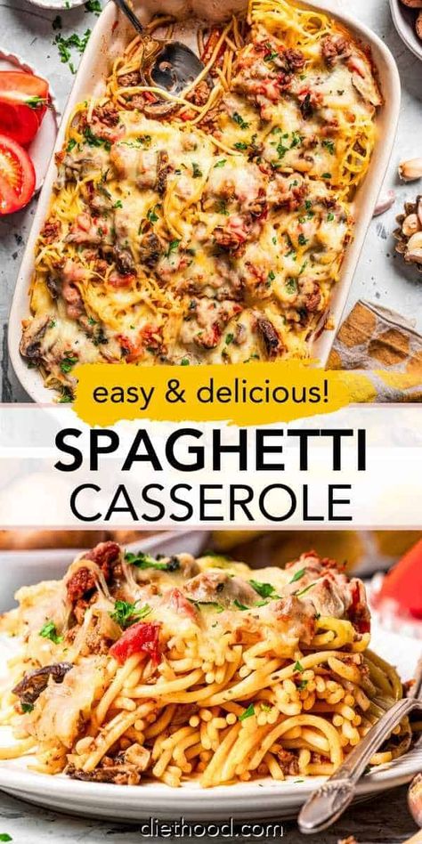 This baked spaghetti casserole makes pasta night so easy! It's a family favorite with layers of saucy beef and plenty of gooey, melty cheese. #spaghetti #casserole #pastabake Spaghetti Oven Bake, Italian Casseroles Baked, Spagetti Casseroles Baked, Beef Tips Recipe Oven, Chicken Bouillon Recipe, Recipes With Spaghetti Noodles, Baked Spaghetti With Ricotta, Spaghetti Bake Recipe, Easy Baked Pasta