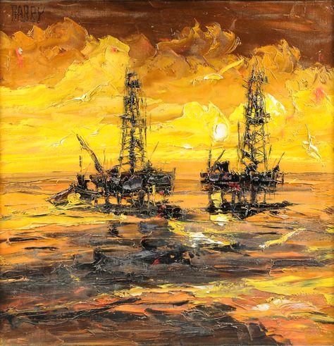 JIM RABBY (American/Texas 20th Century) A PAINTING, "Offshore Rigs," oil on canvas, signed U/L. 4 Oil Rig Painting, Oil Rig Jobs, Petroleum Engineering, Texas Oil, Water Well Drilling, Oil Platform, Oil Field, Oil Drilling, Texas Artist