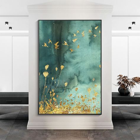 Hand Painting Canvas, Texture Oil Painting, Gold Abstract Painting, Small Canvas Paintings, Simple Canvas Paintings, Green Paintings, Oil Painting Texture, Gold Leaf Painting, Wall Art Picture