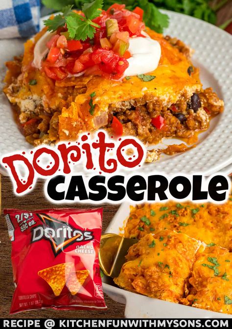 With ingredients like seasoned ground beef, black beans, diced tomatoes and chilies, and lots of cheese, there's no shortage of flavor in this Dorito Casserole recipe. A family favorite that's ready in just 45 minutes! #casserolerecipe #easycasseroles #familydinner Dorito Casserole With Cream Of Chicken, Mexican Dorito Casserole Beef, Dorito Ground Beef Casserole, Dorito Casserole With Ground Beef, Simple Hamburger Casserole Recipes, Doritos Mexican Casserole, Ground Hamburger Dinner Ideas, Taco Casserole Doritos And Ground Beef, Dorito Taco Casserole Bake