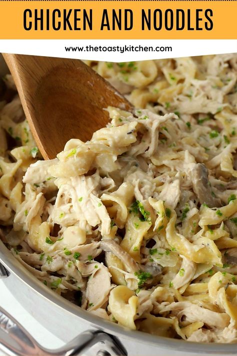 Chicken and noodles by The Toasty Kitchen. Chicken and noodles is a creamy and comforting one pan meal that can be ready in 30 minutes or less. Shredded rotisserie chicken and egg noodles are coated in a homemade mushroom and herb sauce. #mains #poultry #comfortfood Rotisserie Chicken And Noodles Recipes, Old Fashion Chicken And Noodles, Chicken And Egg Noodle Recipes, Chicken And Egg Noodles, Shredded Rotisserie Chicken, Hotdish Recipes, Egg Noodle Recipes, Chicken And Noodles, One Pan Meal