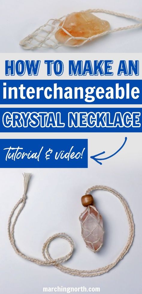 macrame crystal necklace laying on a white desk Interchangeable Crystal Necklace, Macrame Crystal Necklace, Necklace Macrame, Crystal Holder, Diy Macrame, Jewelry Patterns, How To Make An, Crystal Necklace, Crochet Necklace