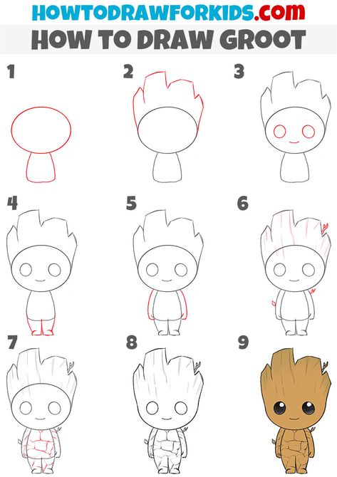 Easy Disney Drawings, Drawing Lessons For Kids, Easy Drawing Tutorial, Easy Drawings For Kids, Easy Doodle Art, Easy Doodles Drawings, Baby Groot, Simple Cartoon, Dessin Adorable