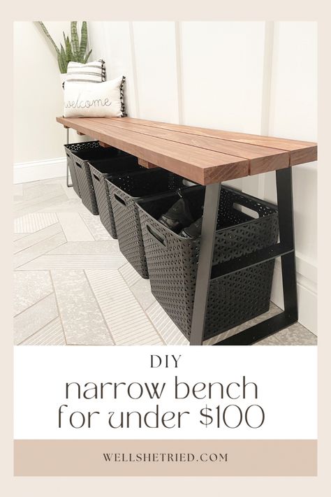 A complete, easy to follow how to guide on building a narrow entryway bench! Step by step instructions with material list. Build your own bench for under $100! #diy #woodbench #bench #diyhomeprojects Bench In Small Entryway, Narrow Bench With Storage, Entryway Bench Behind Couch, Entryway Bench Apartment, Entrance Bench Diy, Diy Mud Bench Entryway, Small Entry Way Benches, Wood Entry Wall, Diy Small Bench Entryway